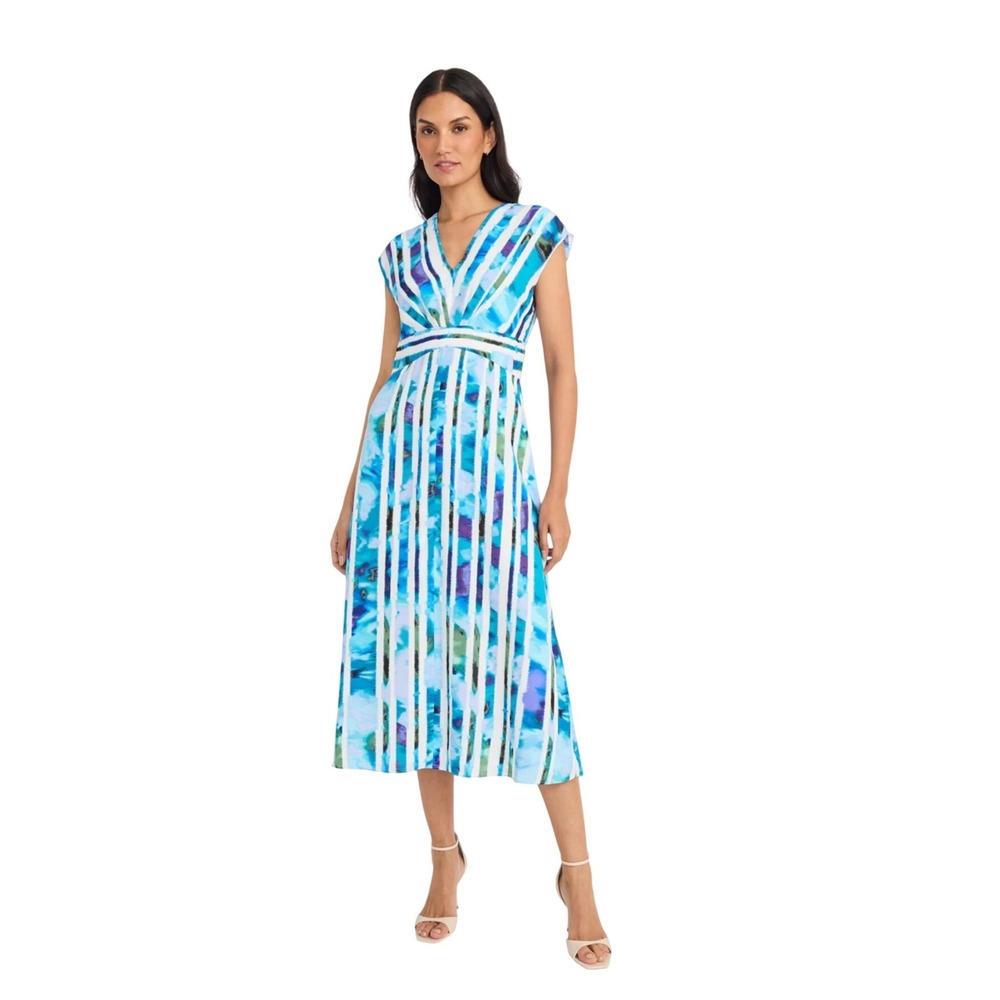 Maggy London Abstract Stripe Midi Dress Blue Teal V Neck Cap Sleeve Women US 16